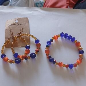 Fashion Jewelry Orange and Blue Beaded Earrings and Bracelet Set